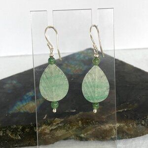 Sterling Silver 925 Beaded Carved Jadeite & Tourmaline Leaf Dangle Earrings